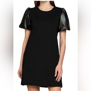 Olivia James black ponte knit dress with faux leather sleeves size L